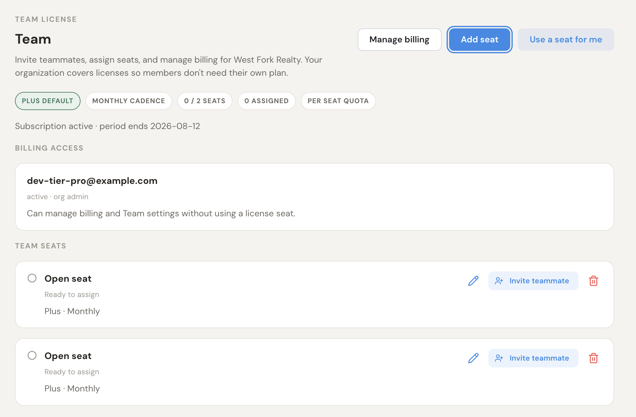 Team license settings: org billing access, open seats, and invite teammates